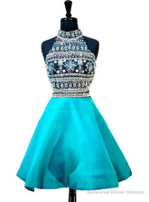 Blue High Neck Beaded Crystals Backless Party Homecoming Dress